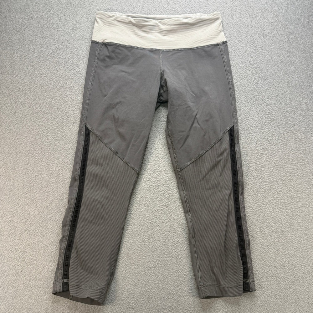 Lululemon Speed Up Crop Leggings Womens 4 Grey Stripe Mesh Running Yoga Athletic